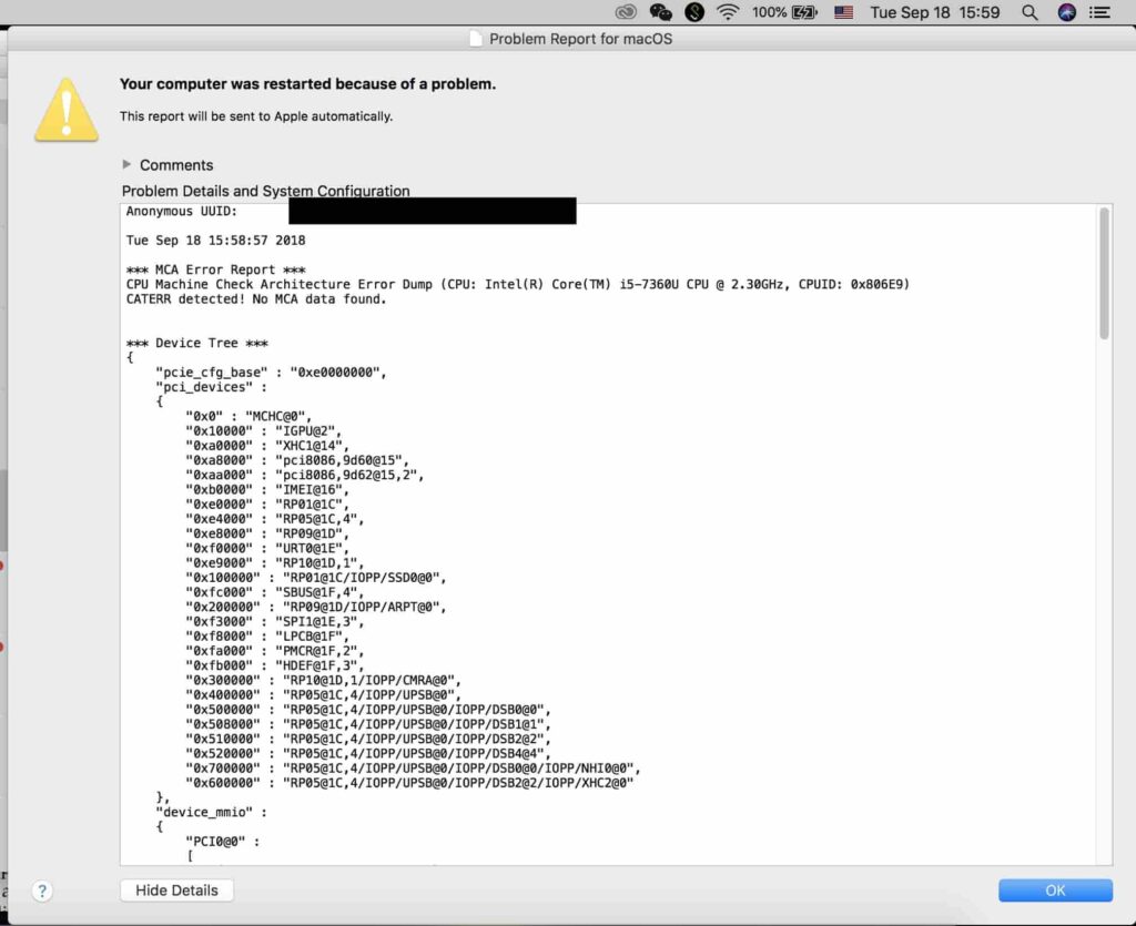 CPU Machine Check Architecture Error Dump MCA: