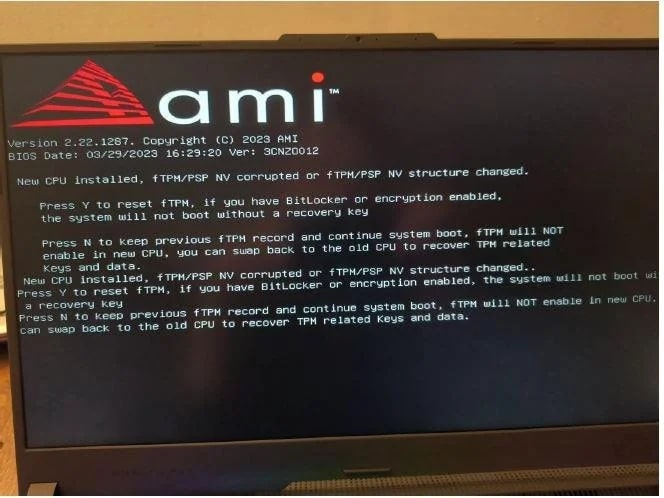 New CPU Installed, fTPM NV Corrupted First Boot